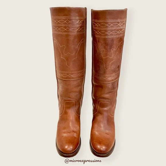 1970 Frye VINTAGE RARE Deer/Moose Cognac Leather Campus Knee High Tall Heel Boot - Picture 3 of 13